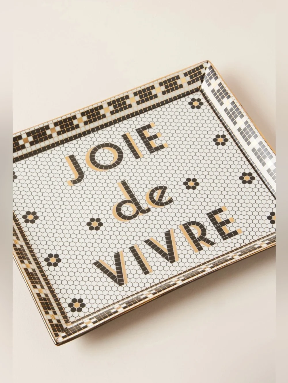 Anthropologie Bistro Tile Stoneware 24k Gold Accent Tray, JOIE de VIVRE